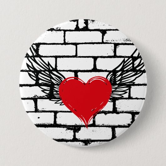 Rotes Herz mit Engelsflügeln an einer Ziegelwand Button (Vorderseite)
