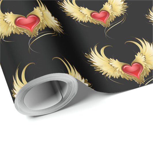 Rotes Herz mit goldenen Flügeln Geschenkpapier (Rolleneckpunkt)