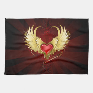 Rotes Herz mit goldenen Flügeln Geschirrtuch