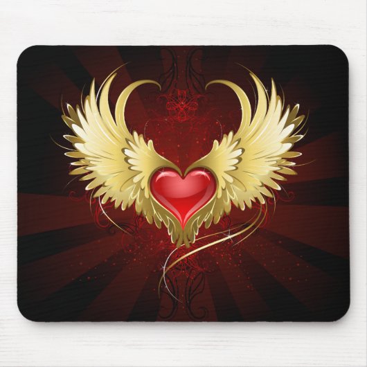Rotes Herz mit goldenen Flügeln Mousepad (Vorne)