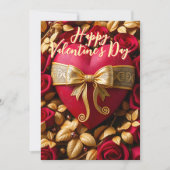 Rotes Herz mit goldener Schleife und Rose Valentin Karte (Vorderseite)