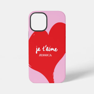 Rotes Herz mit je t’aime-Text auf rosa Hintergrund iPhone 12 Mini Hülle