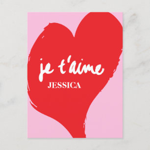 Rotes Herz mit je t’aime-Text auf rosa Hintergrund Postkarte