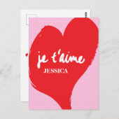 Rotes Herz mit je t’aime-Text auf rosa Hintergrund Postkarte (Vorne/Hinten)