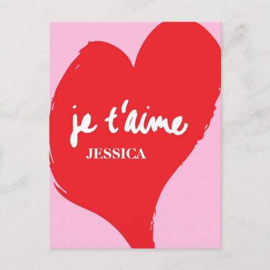 Rotes Herz mit je t’aime-Text auf rosa Hintergrund Postkarte (Vorderseite)