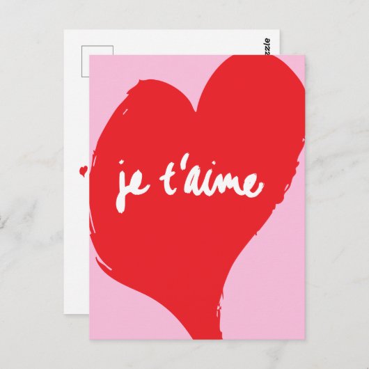 Rotes Herz mit je t’aime-Text auf rosa Hintergrund Postkarte (Vorne/Hinten)