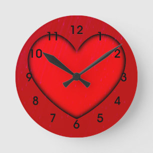 Rotes Herz mit schwarzer Schattenkontur Runde Wanduhr