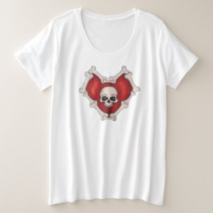 Rotes Herz mit weißem Knochenschädel Große Größe T-Shirt