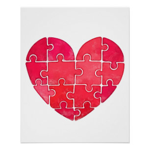 Rotes Herz-Puzzle-Wasserfarbenillustration Poster