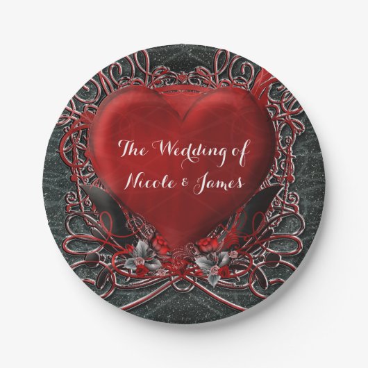 Rotes Herz & Rose Gotische Valentinische Hochzeits Pappteller (Vorderseite)