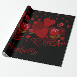 Rotes Herz, rote Rosen für Valentinstag Geschenkpapier