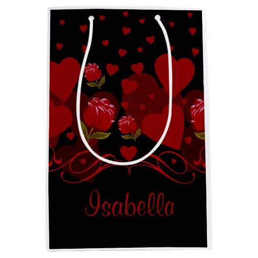 Rotes Herz, rote Rosen für Valentinstag Mittlere Geschenktüte (Vorderseite)