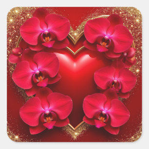 Rotes Herz umgeben von eleganten Orchideen Quadratischer Aufkleber