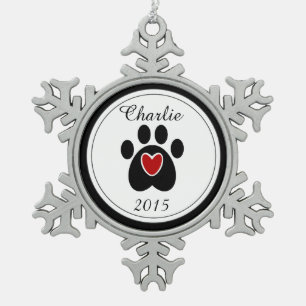 Rotes Herz und Paw-Druck Schneeflocken Zinn-Ornament