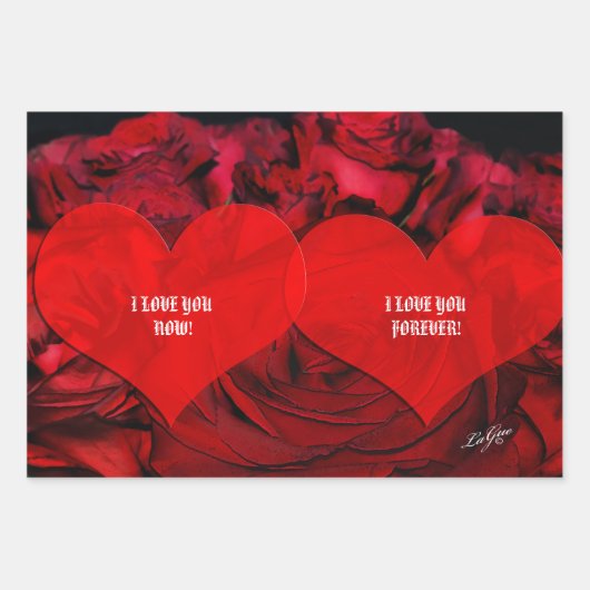 Rotes HERZ und ROSE-Packpapier Geschenkpapier Set (Vorderseite)