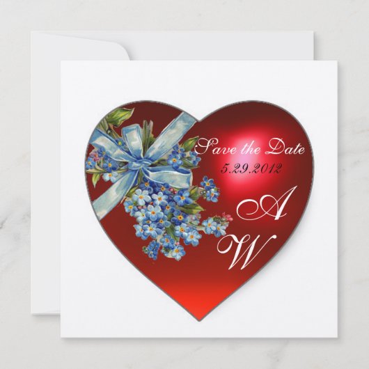 ROTES HERZ UND VERGESSEN ICH NICHT MONOGRAMM Weiße Einladung (Vorderseite)