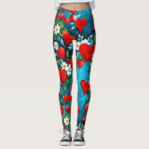 Rotes Herz und weiße Blume Türkis Blau Leggings