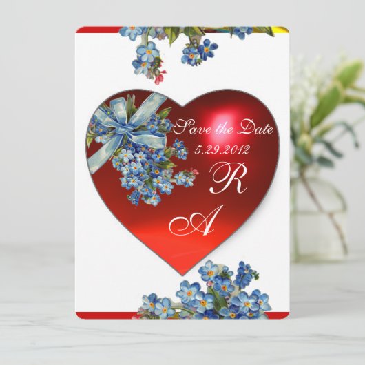 ROTES HERZ & VERGESSEN MICH NOCH MONOGRAMM blauer Einladung (Stehend Vorderseite)