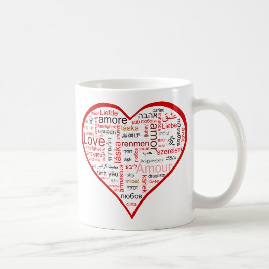 Rotes Herz voll der Liebe in vielen Sprachen Kaffeetasse (Rechts)
