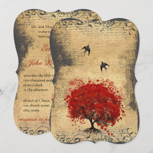 Rotes Herzblatt-Baum Vintage Vögel Hochzeit Einladung