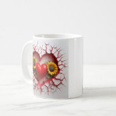 Rotes Herzdesign mit gelben Sonnenblumen und Risse Kaffeetasse (Vorderseite Links)