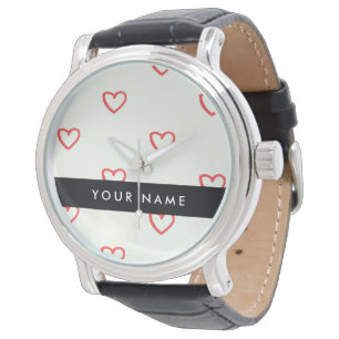 Rotes Herzen-Muster, Liebe, Ihr Name, Personalisie Armbanduhr