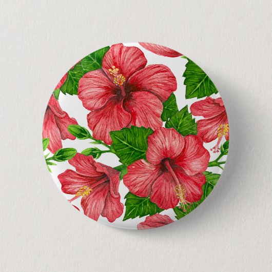 Rotes Hibiskus-Wasserfarbenmuster Button (Vorderseite)