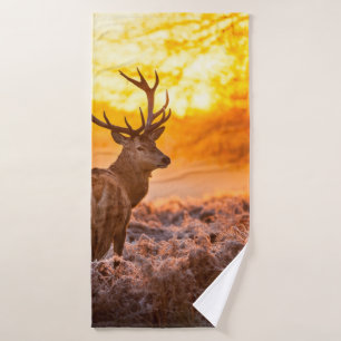 Rotes Hirsch in der Morgensonne. Hirsche, Tiere, w Badehandtuch
