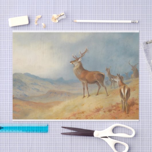 Rotes Hirsch in einer Hochlandschaft, Kunst Seidenpapier (Handwerk)