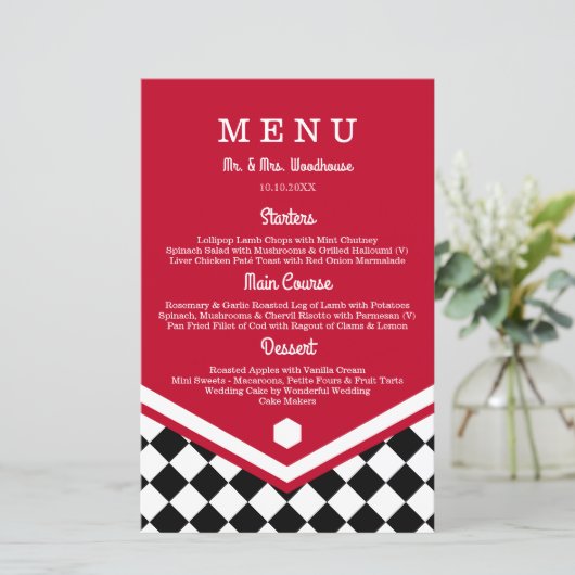 Rotes Hochzeitmenü mit schwarz-kariertem Muster (Stehend Vorderseite)