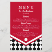 Rotes Hochzeitmenü mit schwarz-kariertem Muster (Vorderseite)
