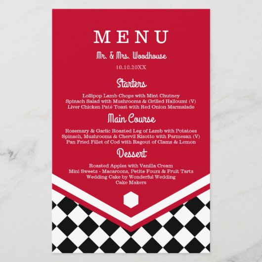 Rotes Hochzeitmenü mit schwarz-kariertem Muster (Vorderseite)
