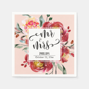 Rotes Hochzeitsblumenbouquet Mr & Mrs Schriftzug, Serviette