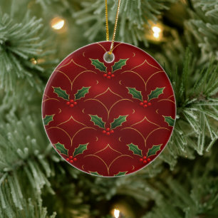 Rotes Holly-Muster – Eleganter Weihnachtsstil Keramik Ornament