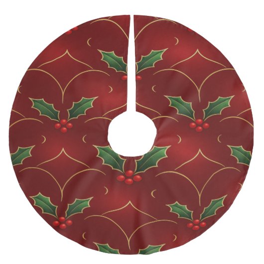 Rotes Holly-Muster – Eleganter Weihnachtsstil Polyester Weihnachtsbaumdecke (Vorderseite)