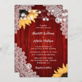 Rotes Holz Spitzen Sonnenblumen Einladung Hochzeit (Vorne/Hinten)