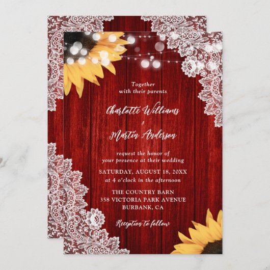 Rotes Holz Spitzen Sonnenblumen Einladung Hochzeit (Vorne/Hinten)