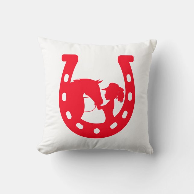 Rotes Horseshoe Mädchen und Pferde Kissen (Vorderseite)