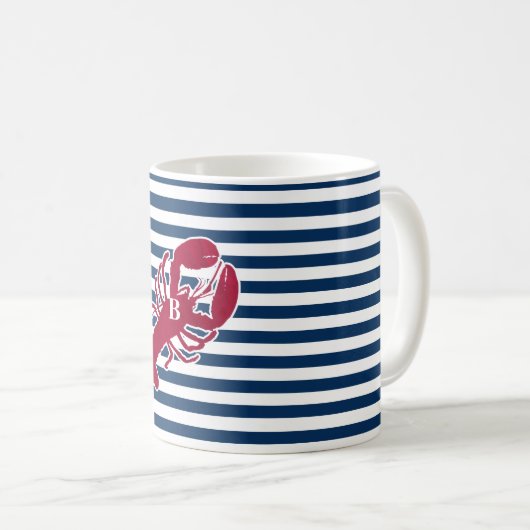 Rotes Hummer-nautischmonogramm-blauer weißer Kaffeetasse (VorderseiteRechts)