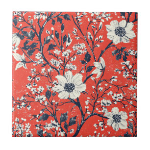 Rotes Indigo-Folk-Winter-Blumen-Schneemuster Fliese