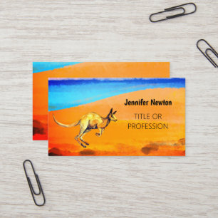Rotes Känguru mit orangefarbenem Sand und Meer Visitenkarte