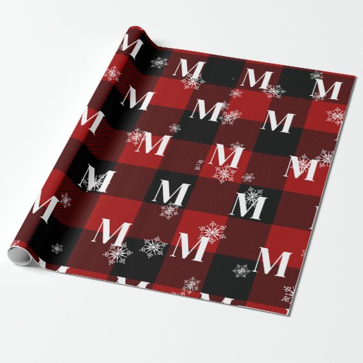 Rotes Kariert & Schneeflocken Monogramm Erstflug W Geschenkpapier (Ungerollt)