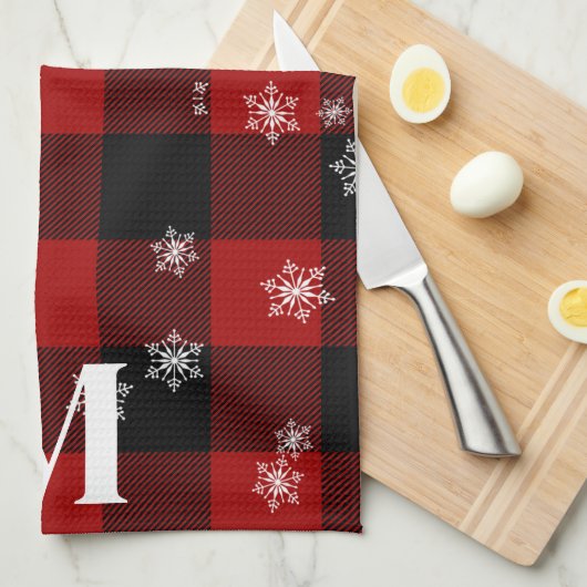 Rotes Kariert & Schneeflocken Monogramm Erstflug W Geschirrtuch (Viertel Falte)
