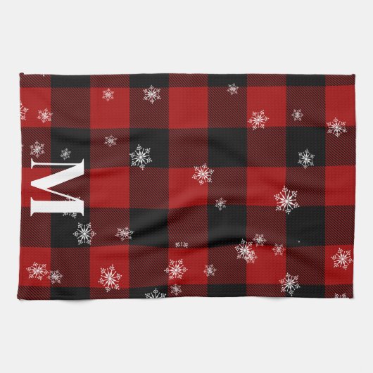Rotes Kariert & Schneeflocken Monogramm Erstflug W Geschirrtuch (Horizontal)