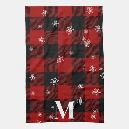 Rotes Kariert & Schneeflocken Monogramm Erstflug W Geschirrtuch (Vertikal)