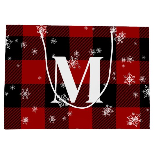 Rotes Kariert & Schneeflocken Monogramm Erstflug W Große Geschenktüte (Rückseite)