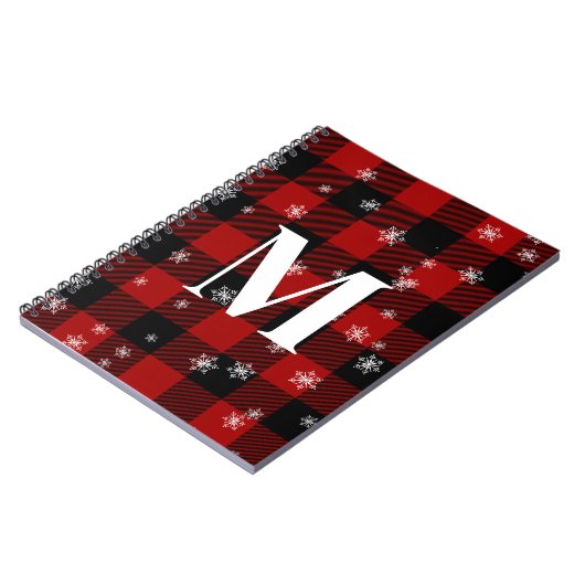 Rotes Kariert & Schneeflocken Monogramm Erstflug W Notizblock (Linke Seite)