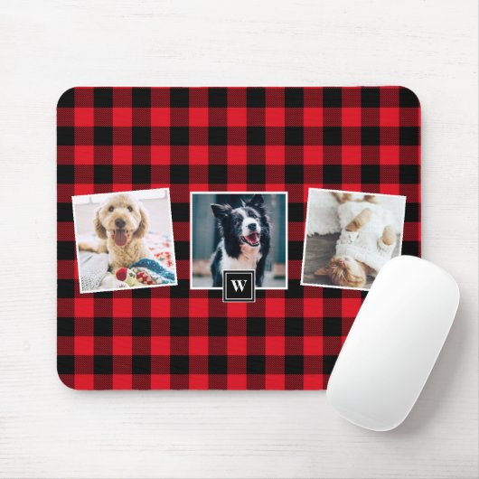 Rotes kariertes Foto-Collagen-Monogramm des Mousepad (Mit Mouse)