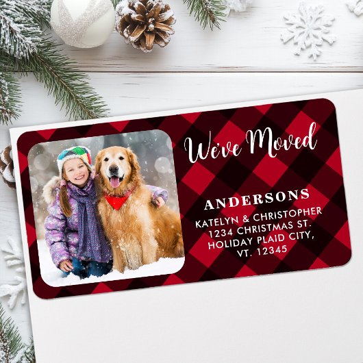 Rotes Kariertes Foto Holiday Moving Rücksendeadres Adressaufkleber