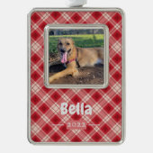 Rotes Kariertes Haustier Foto Gerahmtes Ornament m Rahmen-Ornament Silber (Vorderseite)